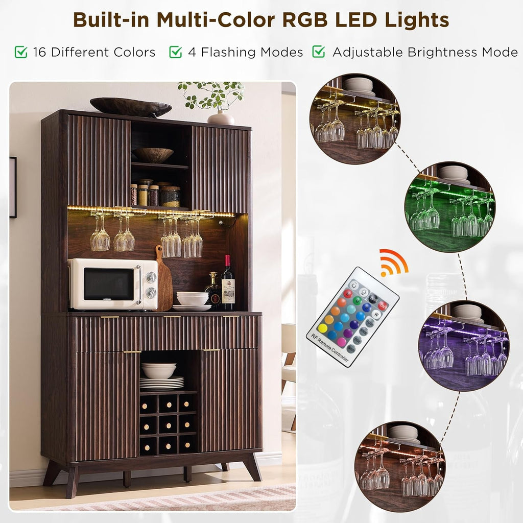 72 Inch Walnut Finish Wine Cabinet Illuminating Display