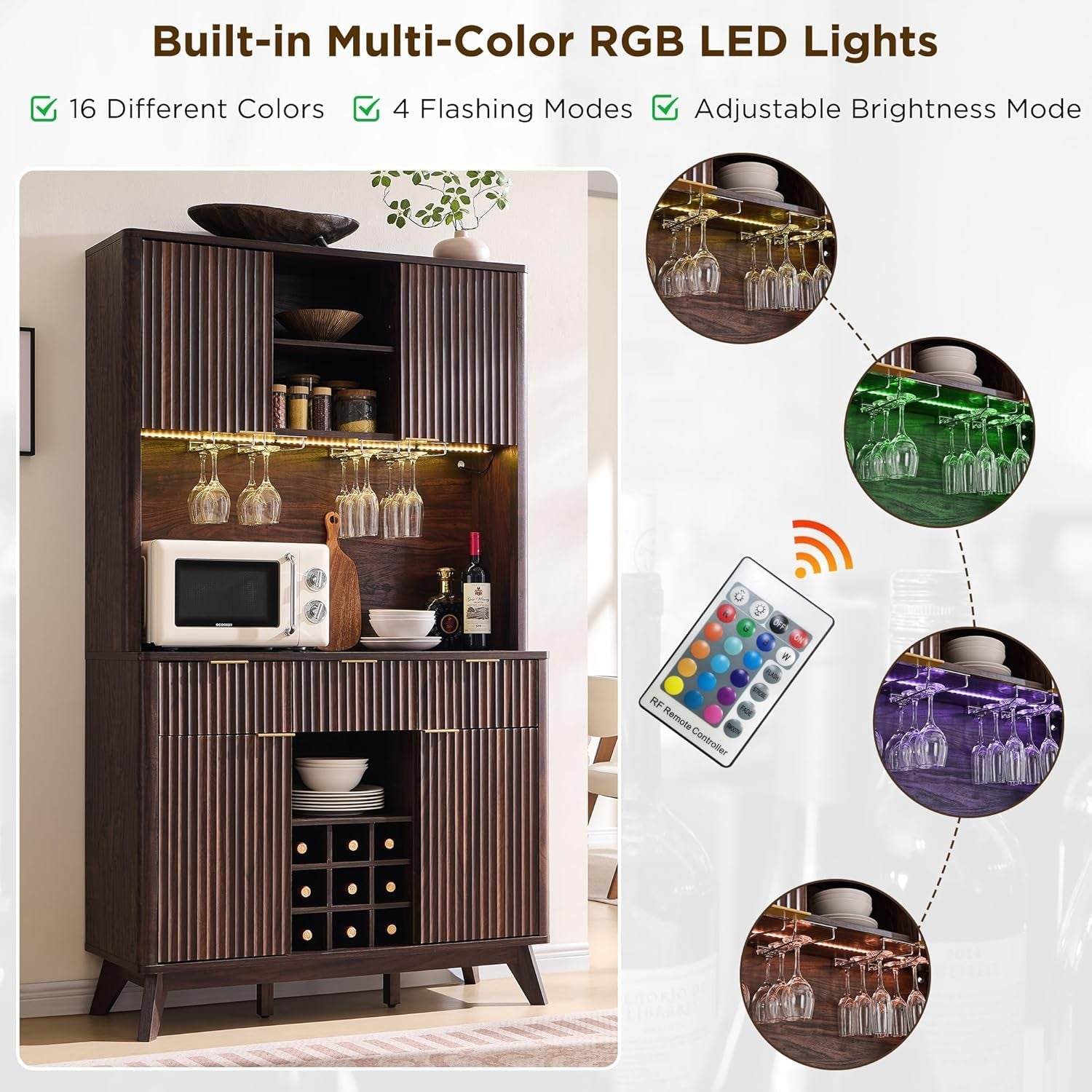 72 Inch Walnut Finish Wine Cabinet Illuminating Display