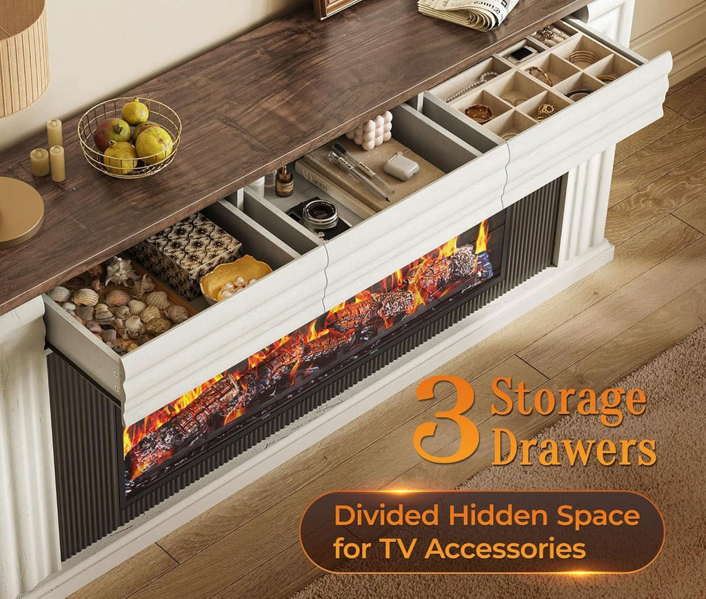 70 Inch Distressed White Electric Fire place TV Stand