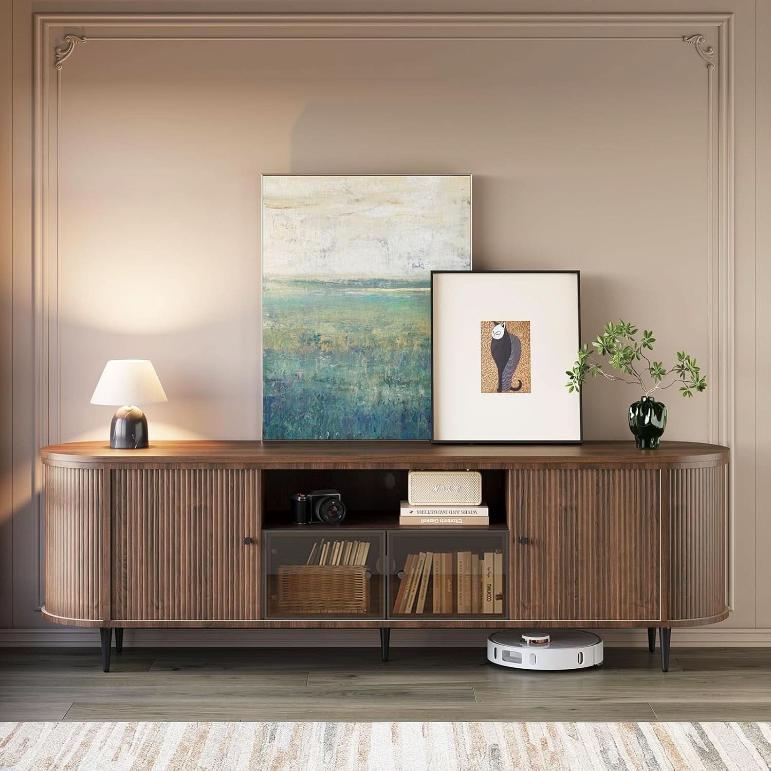 Fluted Television Stand With Brown Calacatta Marble