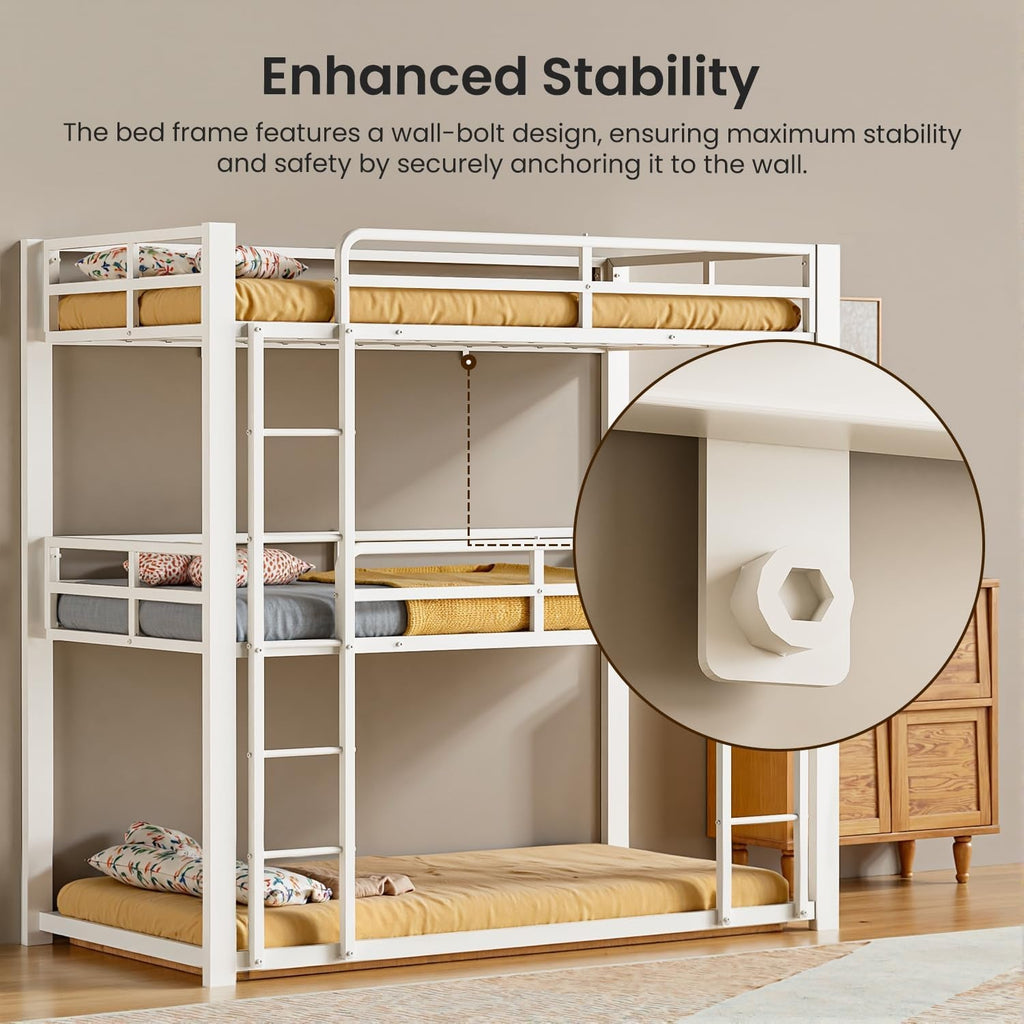 White Triple Bunk Bed Ultra Heavy Duty Metal Guardrails