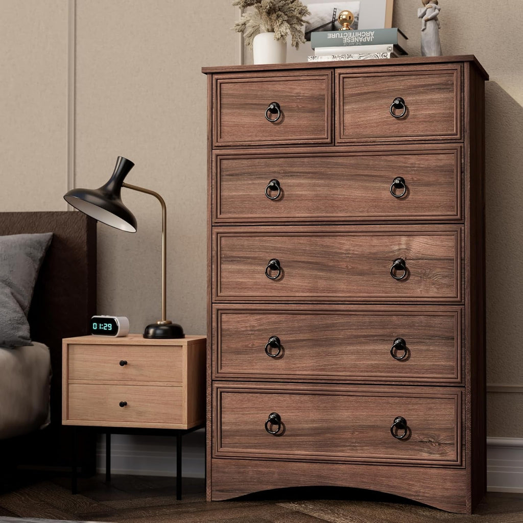 Tall Cherry Engineered Wood Dresser With Six Drawers