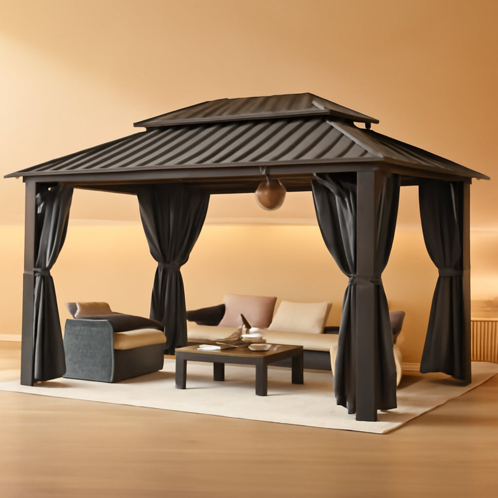 12x20 Hardtop Gazebo Reinforced Frame Privacy Curtains Black