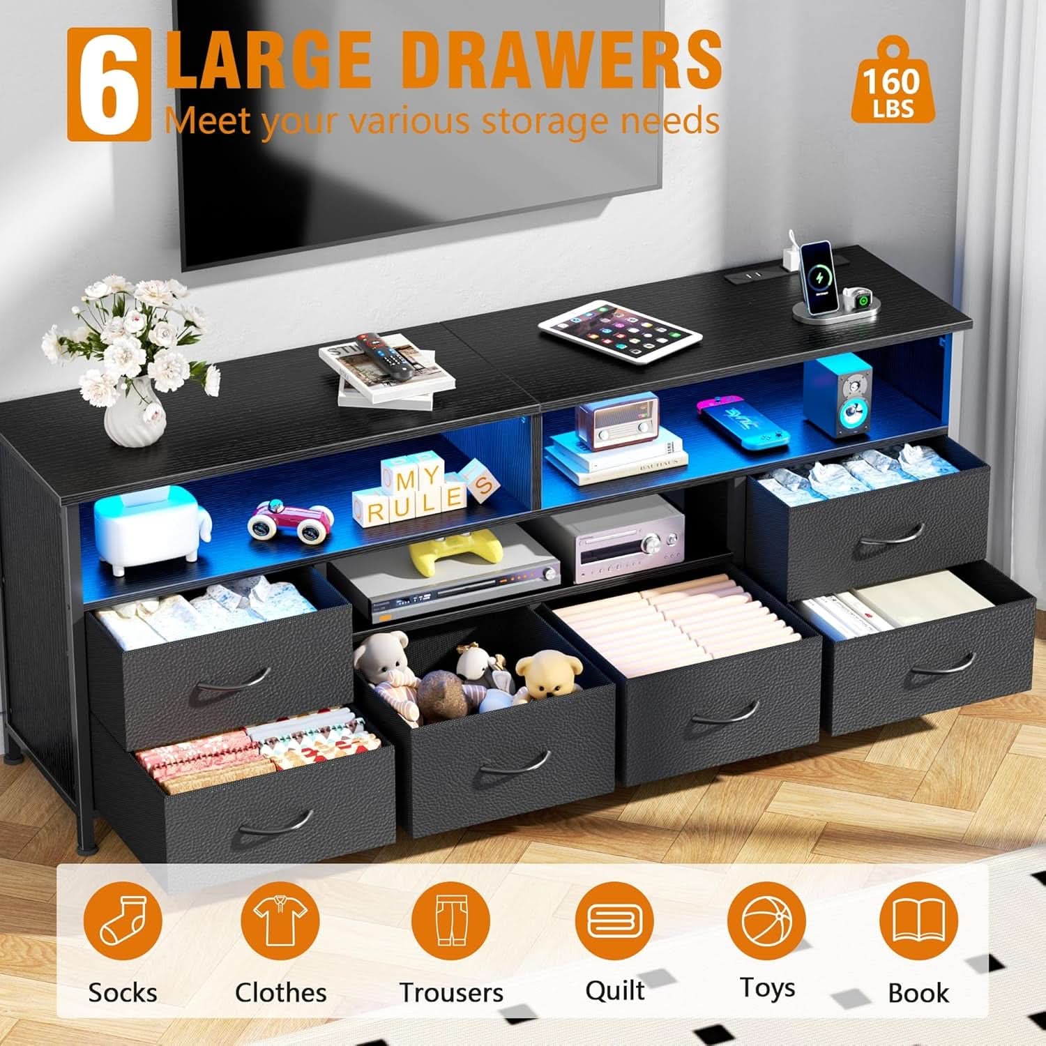 55 Inch TV Stand Entertainment Center With Powe rOutlets Black