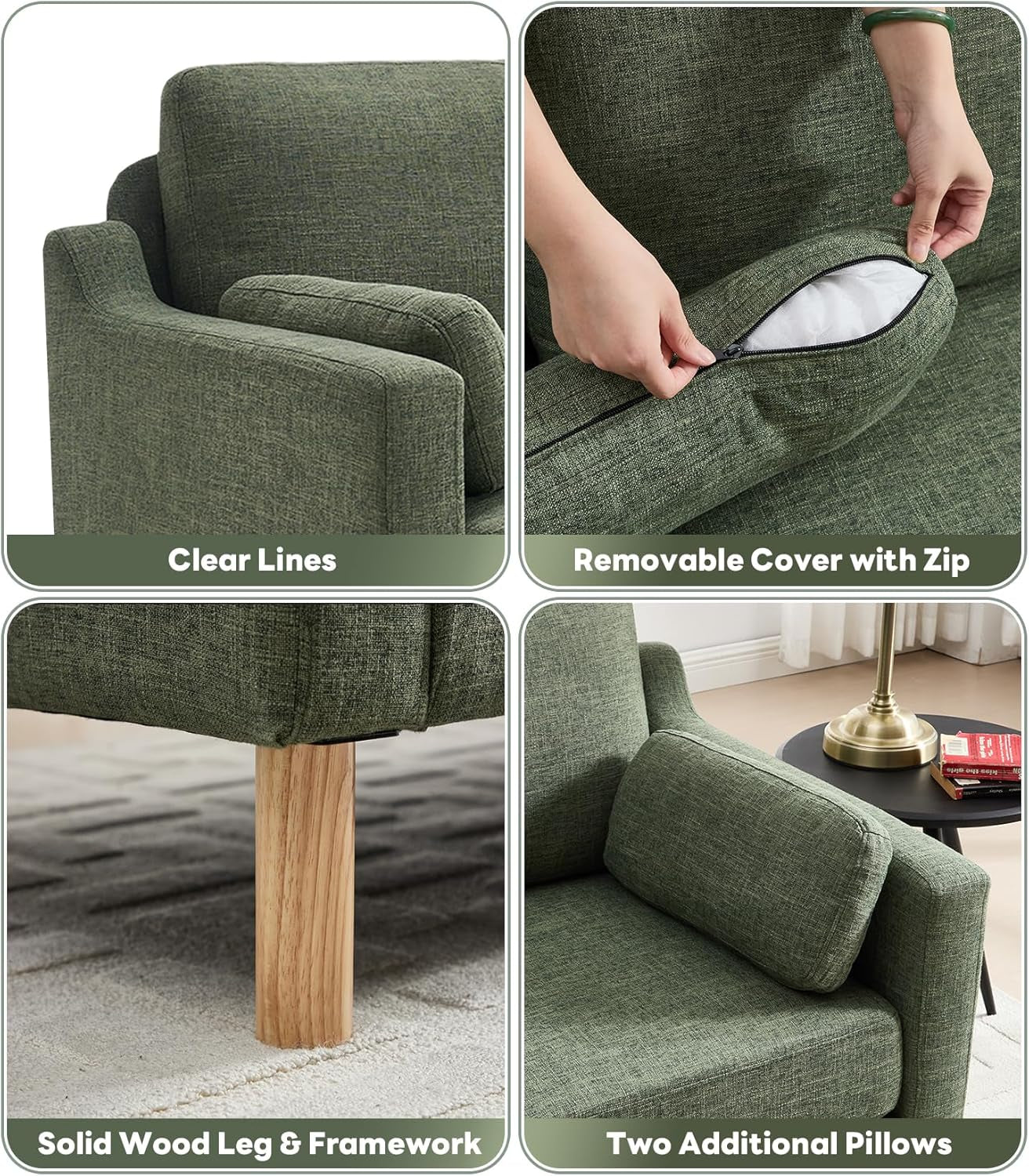 Dark green Linen Upholstered Mid Century Modern Sofa