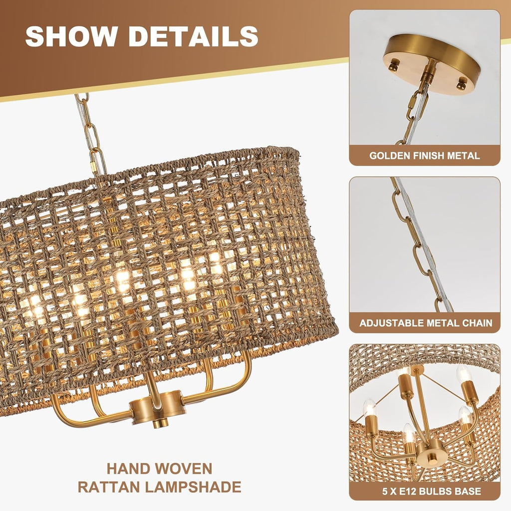 Golden Handwoven Rattan Drum Chandelier Dining Room