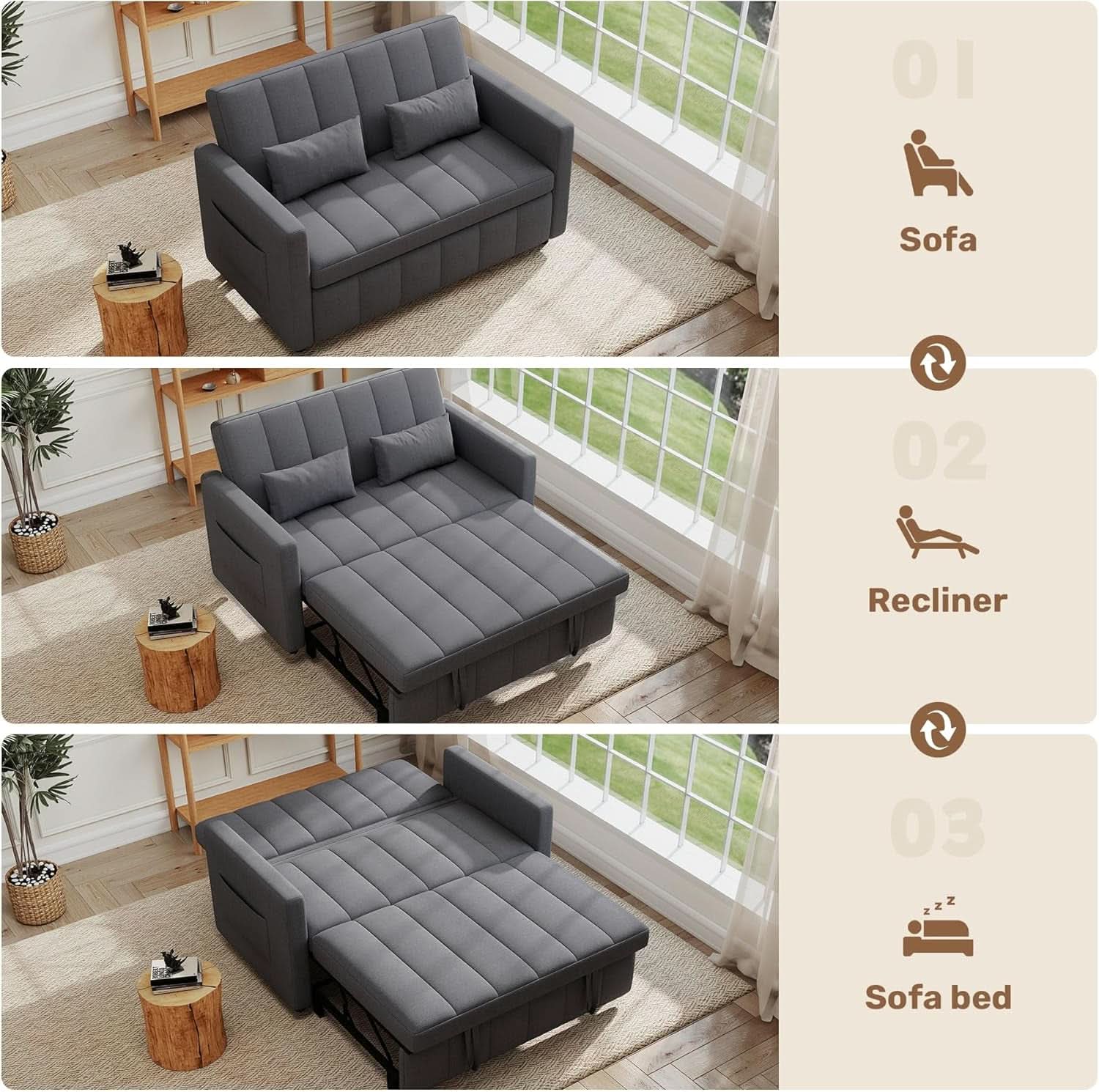 Three In One Convertible Sleeper Sofa Bed With Adjustable Backrest Light Gray