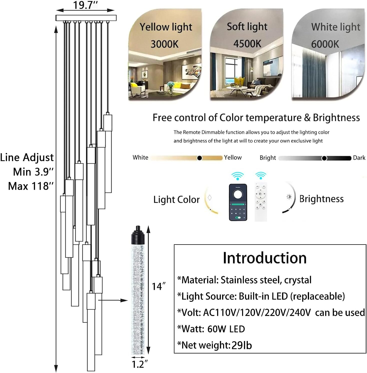 Black TwelveLight LED Dimmable Crystal Chandelier Fixture