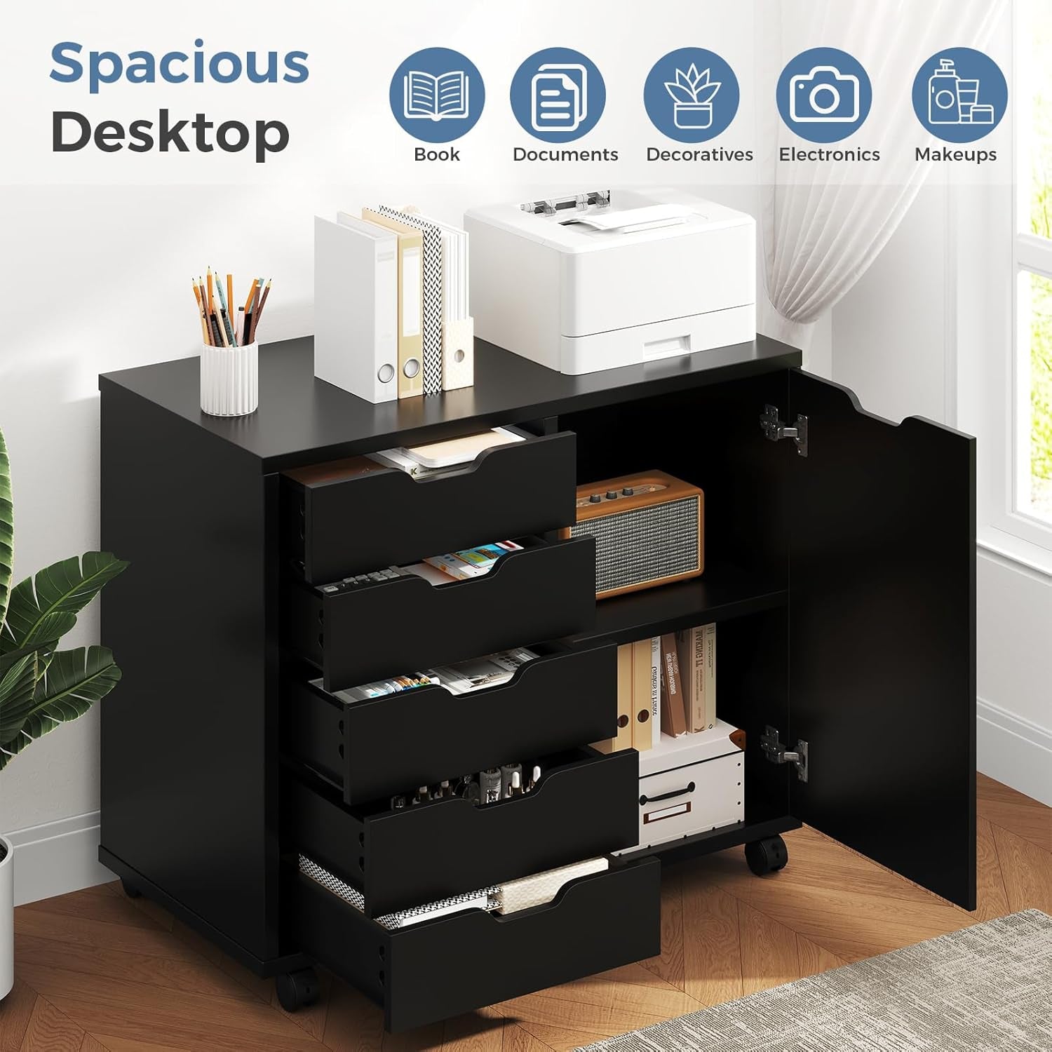 Black Premiumgrade Five Drawer File Cabinet Wheels