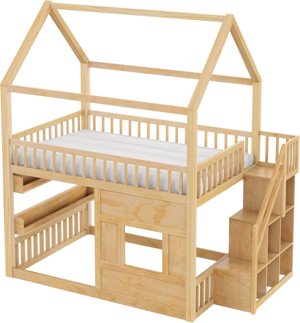 Full Size Natural Wooden House Bed With LED Lights