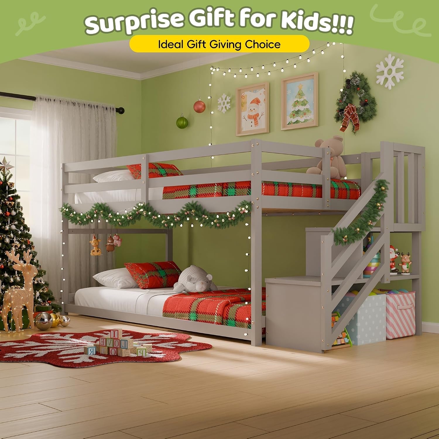 Charcoal Gray Space Saving Twin Over Bunk Bed Staircase