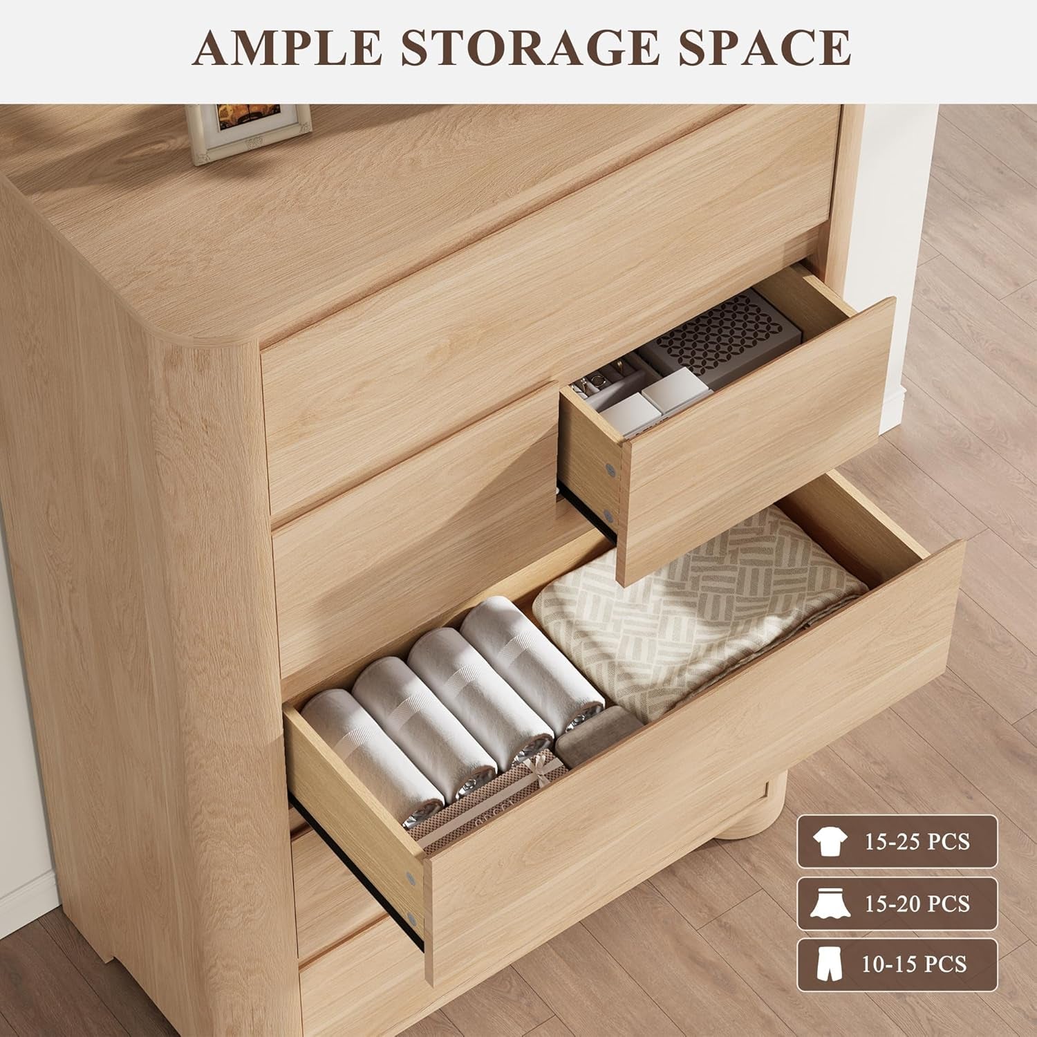 Natural Oakwood Six Drawer Dresser Rounded Corners