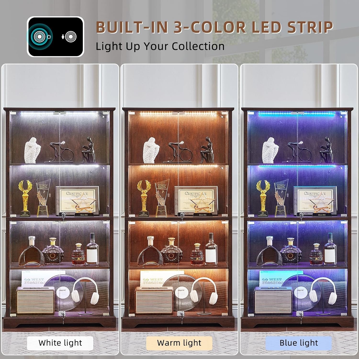 Walnut Glass Display Cabinet With LED Illumination