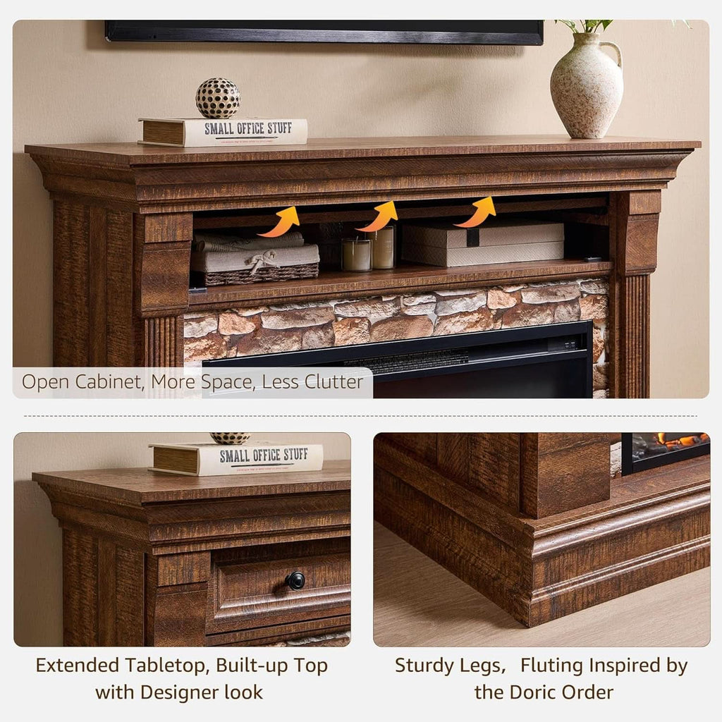 52 Inch Farmhouse Electric TV Stand Brown Wood Finish