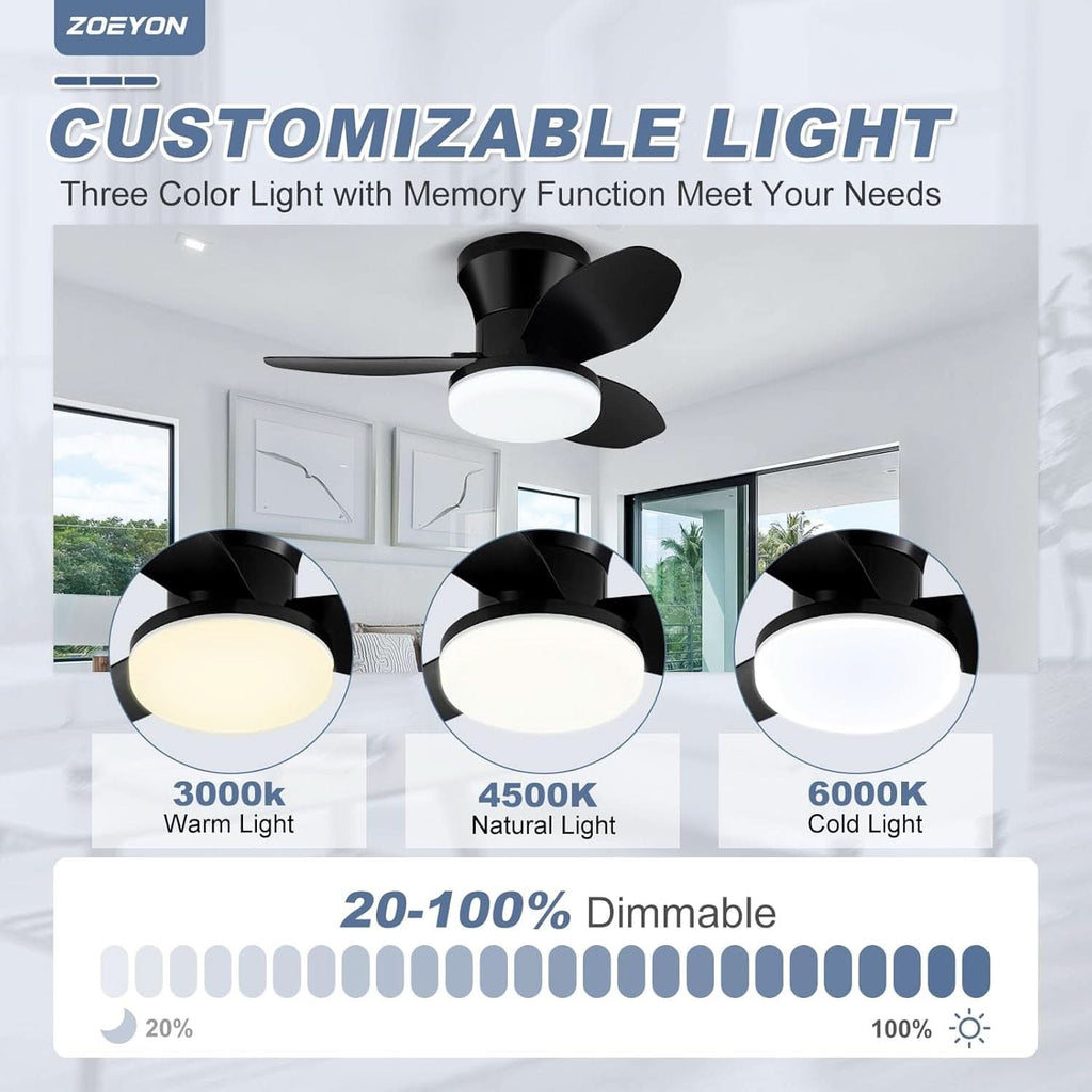 Black 26 Inch Flush Mount Ceiling Fan With Remote Control