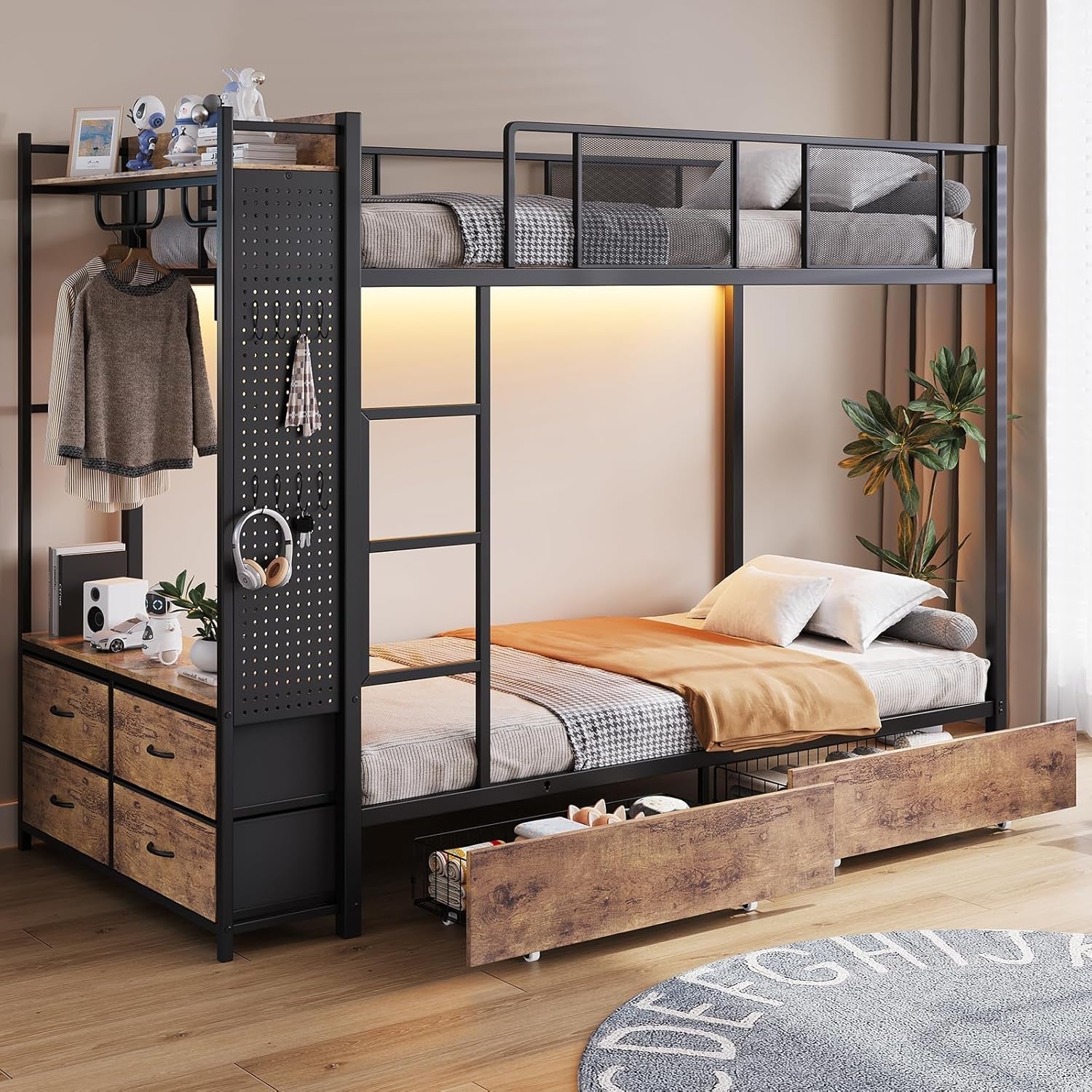 Rustic Brown Twin Over Twin Storage Drawers Bunk Bed