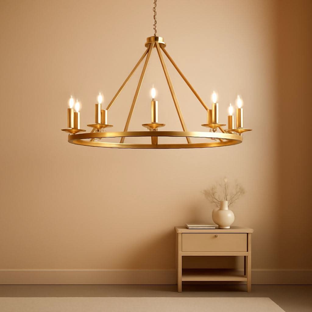 Gilded Wagon Wheel Chandelier Forty Inches Farmhouse