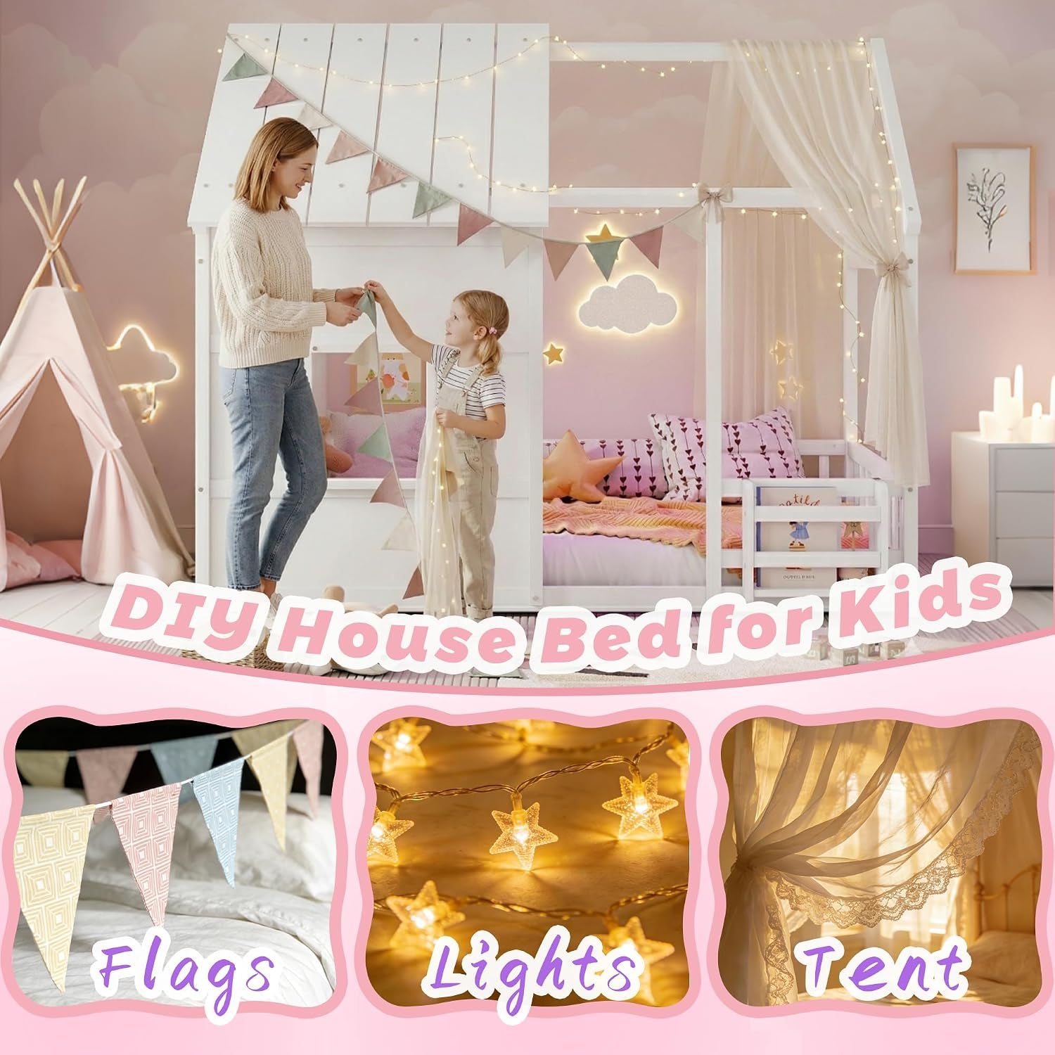 White Twin House Bed With LED Book shelf Illumination