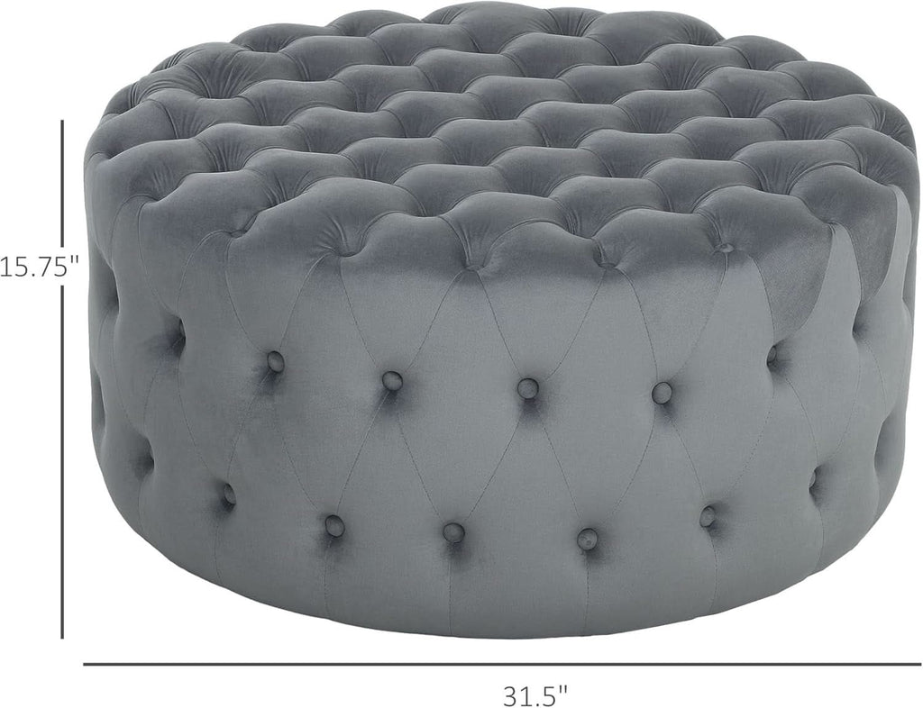 31.5 Inch Round Dark Gray Velvet Button Tufted Ottoman