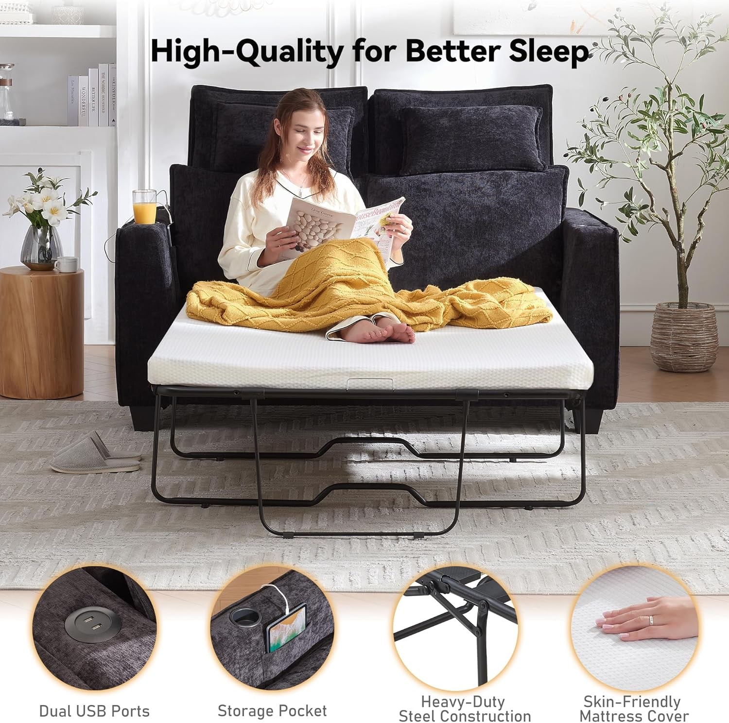 65 Inch Transformable Sofa Bed Memory Foam Mattress