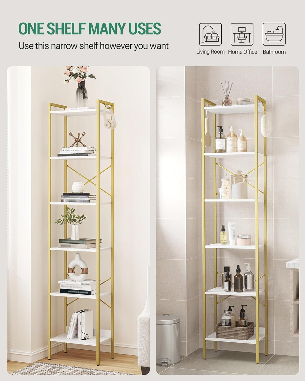 White Gold Space-Saving 6-Tier Narrow Bookshelf Unit