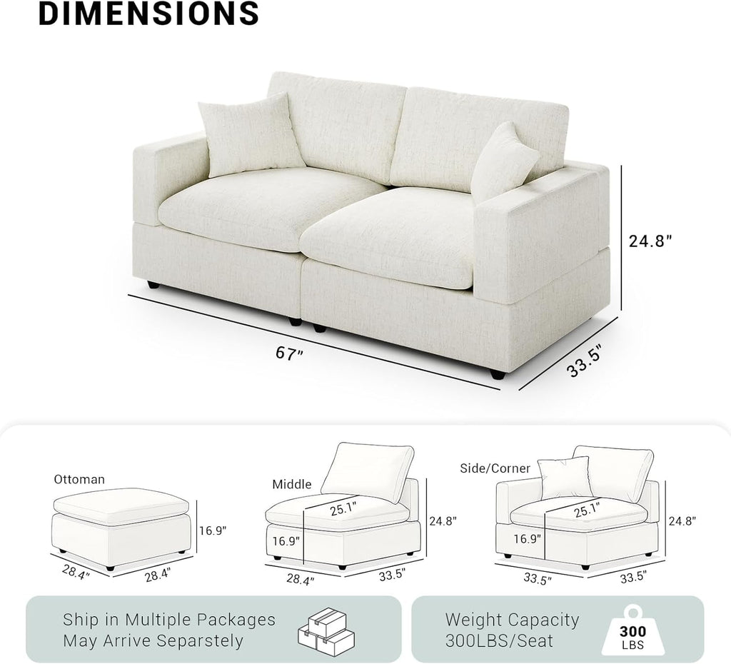 68-Inch White Modular Sectional Sofa Cushioned Comfort