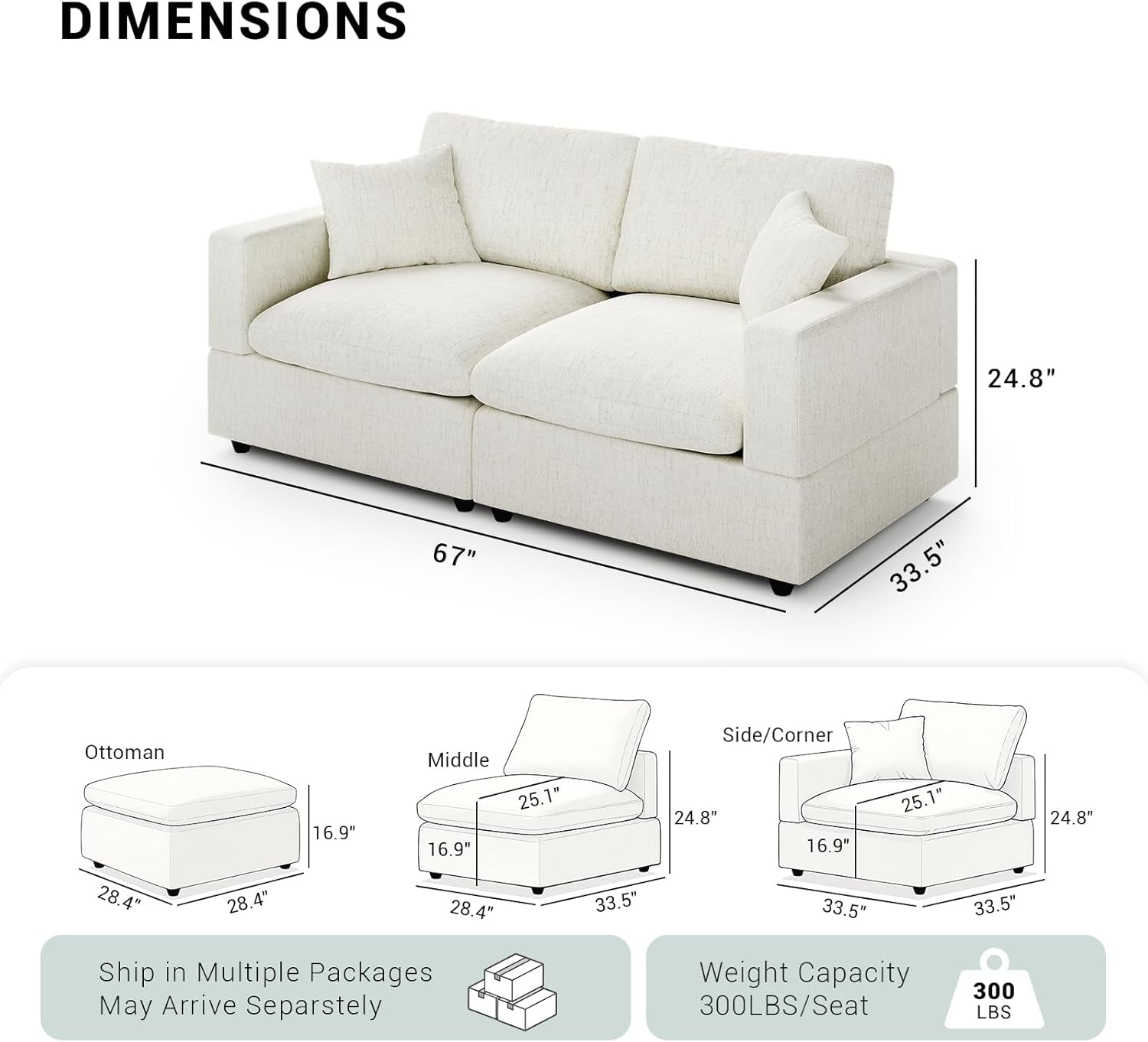 68-Inch White Modular Sectional Sofa Cushioned Comfort