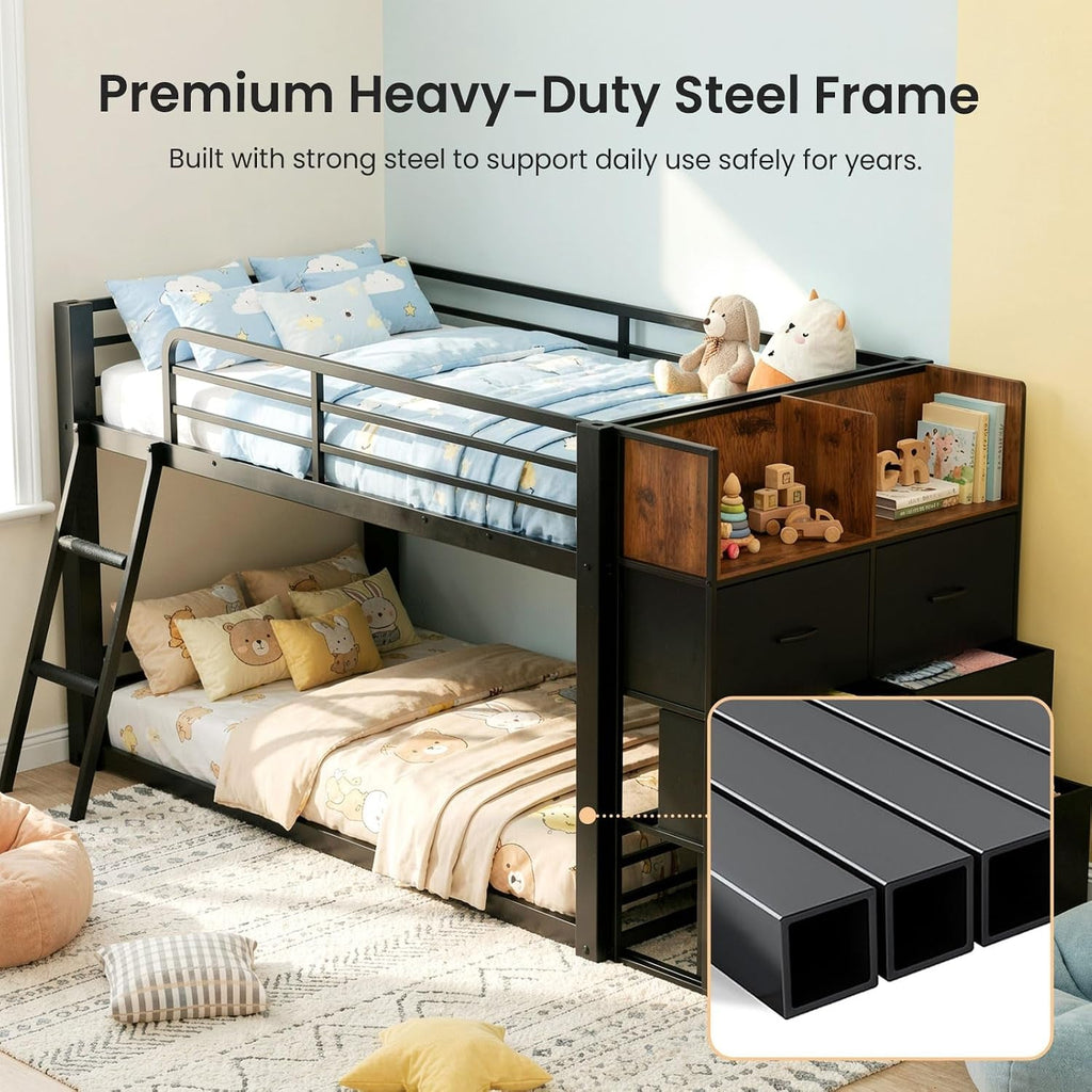 SpaceSaving TwinOverTwin Metal Loft Bed StorageDrawers