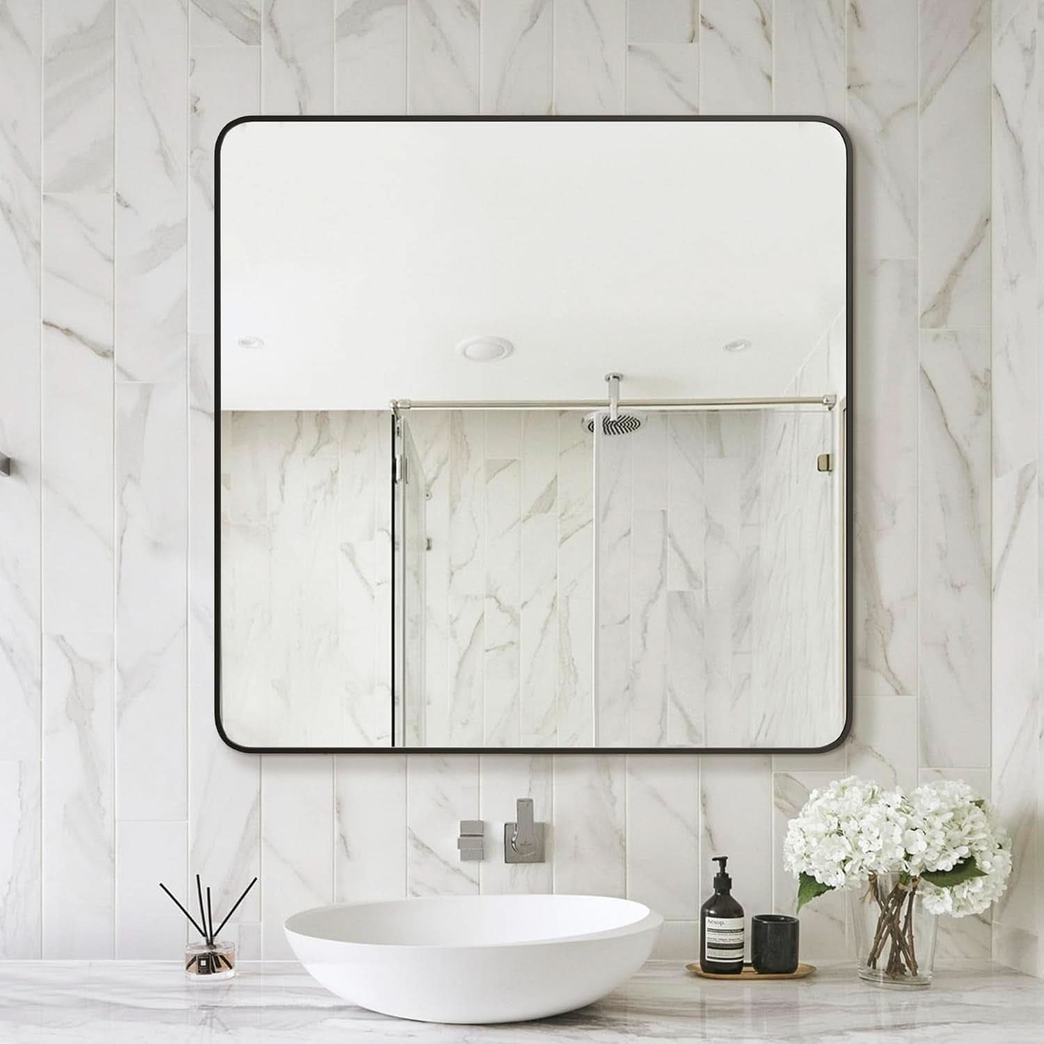 Black Framed Vanity Mirror 30x30 Shatter proof HD