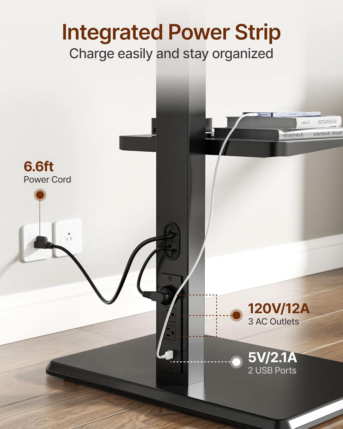 Black Industrial Steel Floor TV Stand Power Outlet Pro