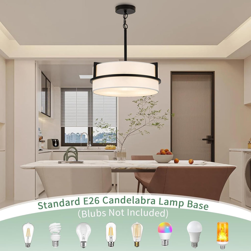 Pure White Linen Drum Pendant Chandelier 15.7Inch Wide