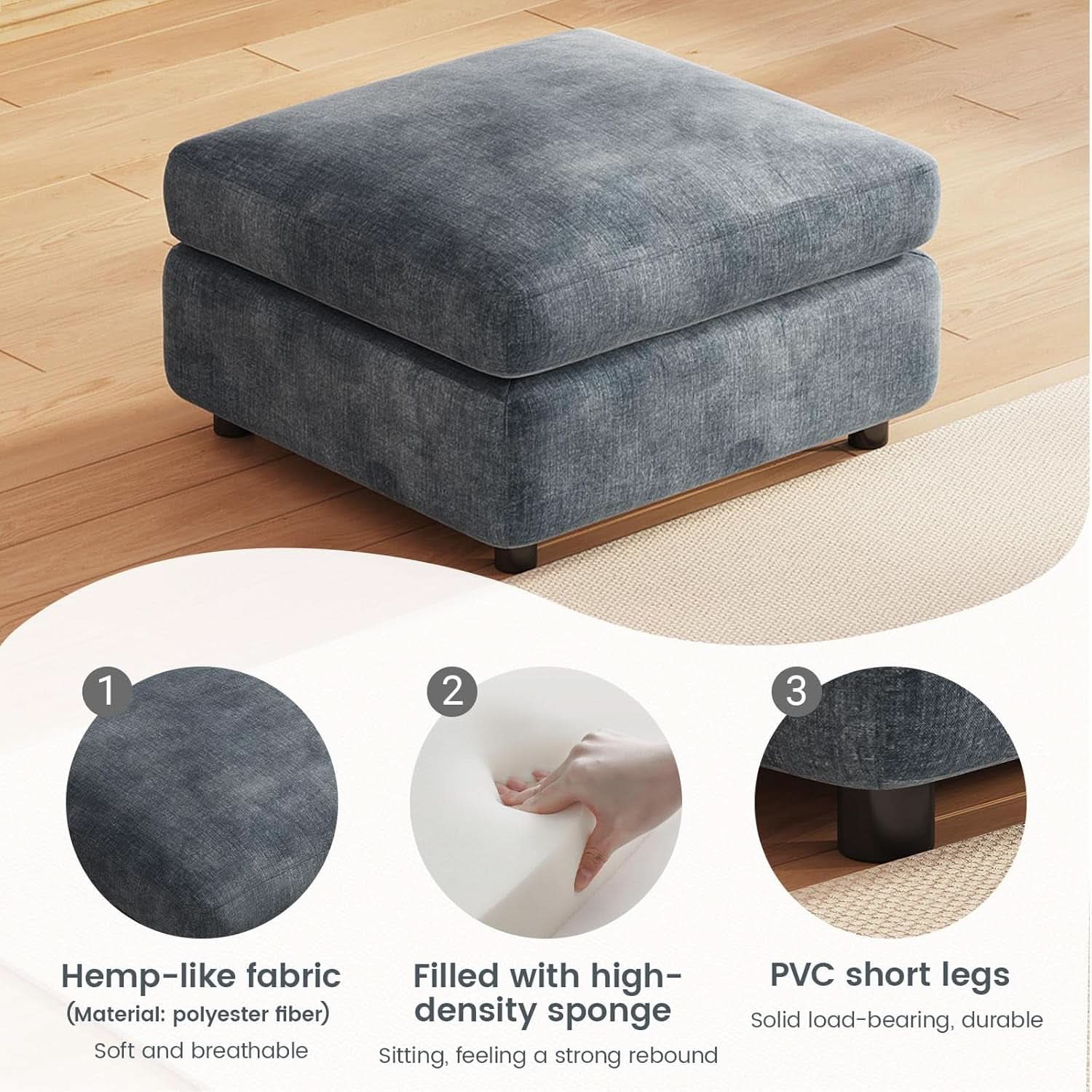 Blue Grey Upholstered Storage Ottoman For Sectional