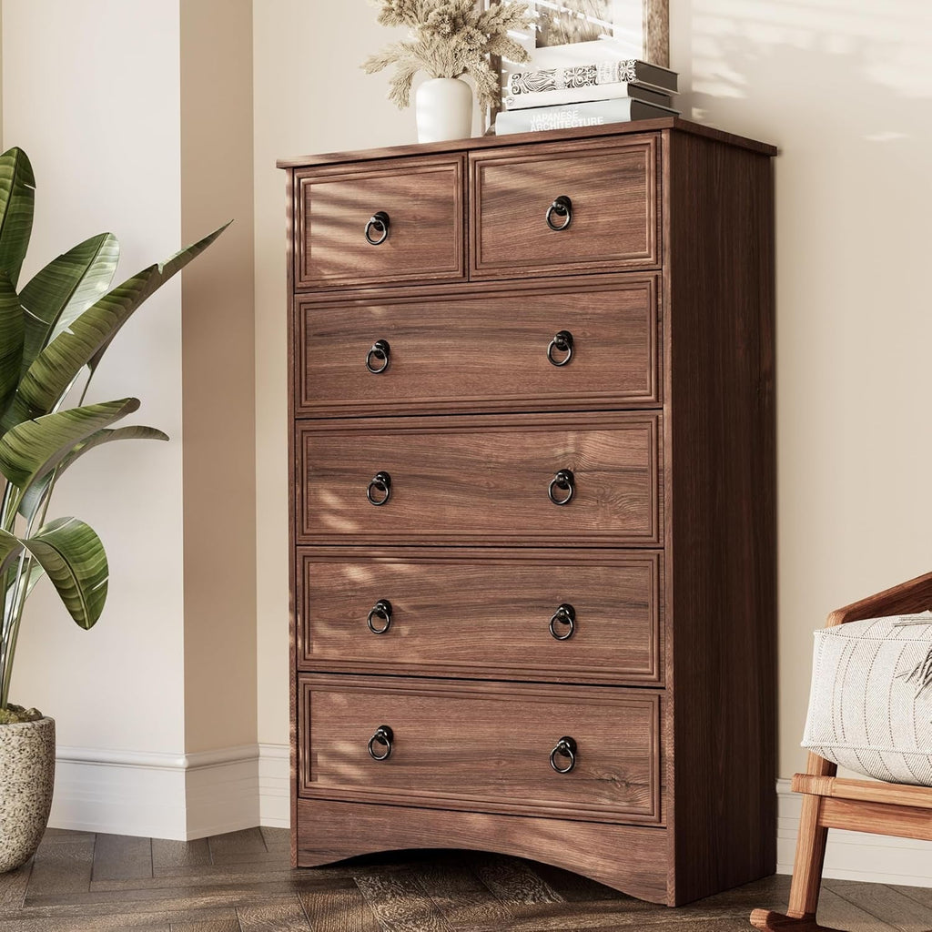 Tall Cherry Engineered Wood Dresser With Six Drawers