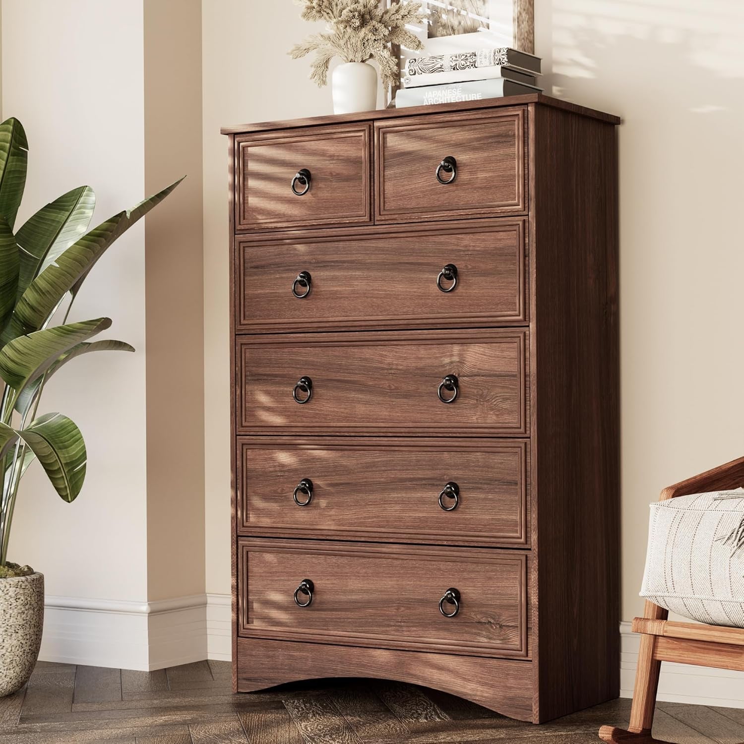 Tall Cherry Engineered Wood Dresser With Six Drawers