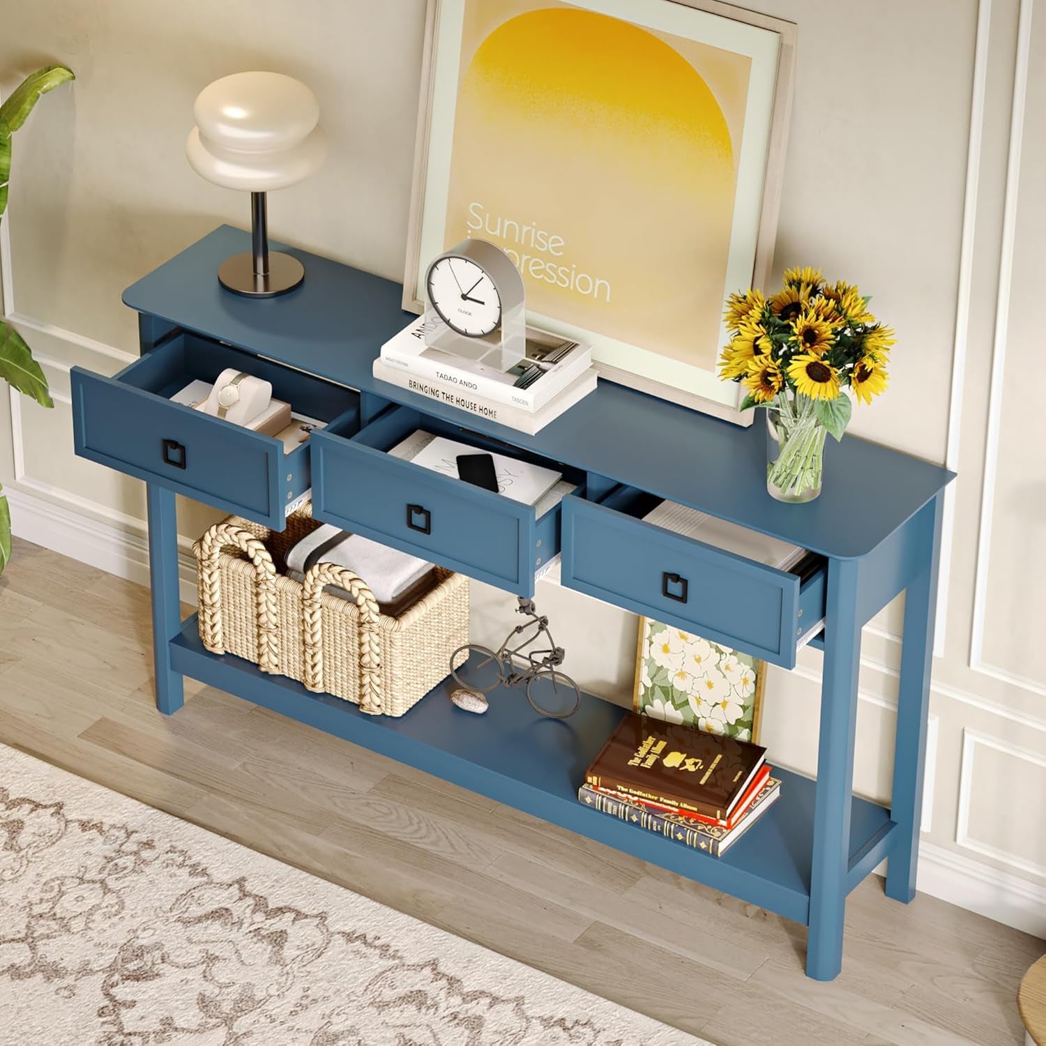 Blue Contemporary Console Table 53 Inch With Drawers