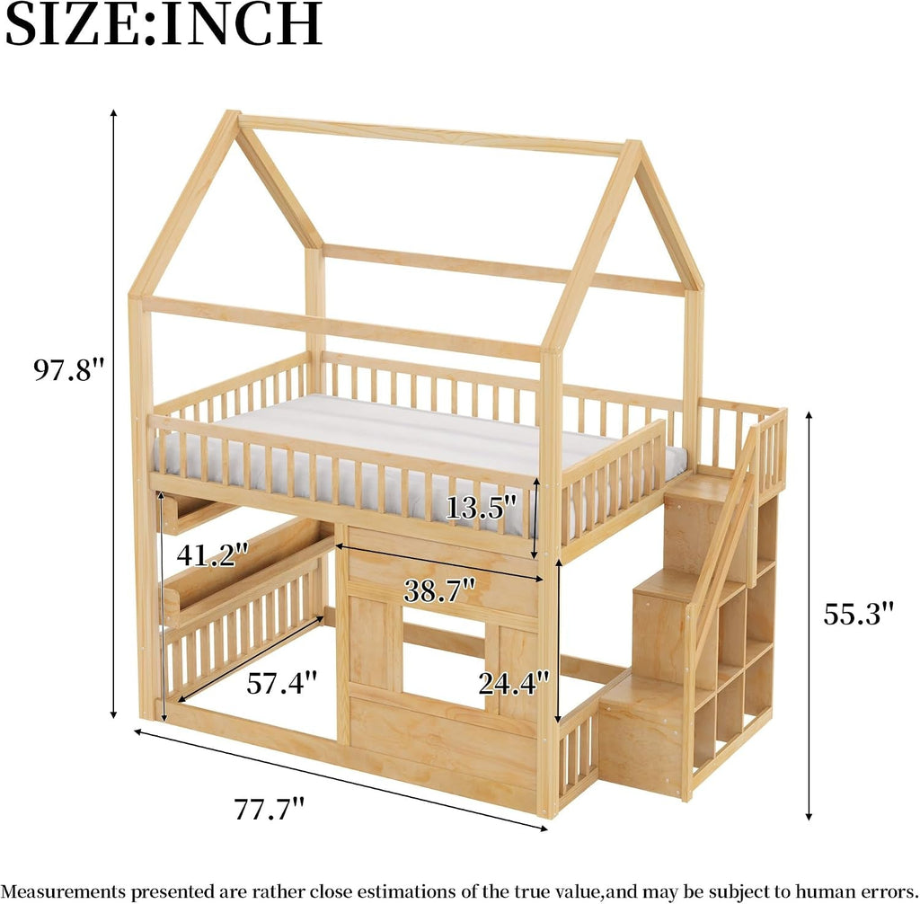 Full Size Natural Wooden House Bed With LED Lights