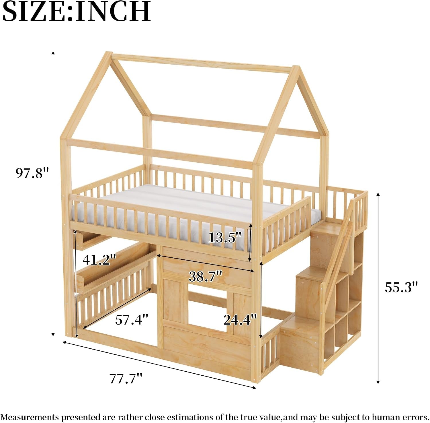 Full Size Natural Wooden House Bed With LED Lights