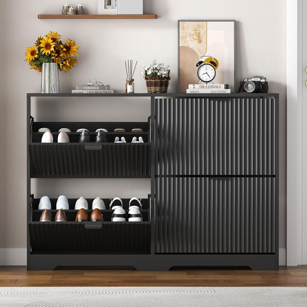 Black Fluted Shoe Cabinet With Adjustable Shelving