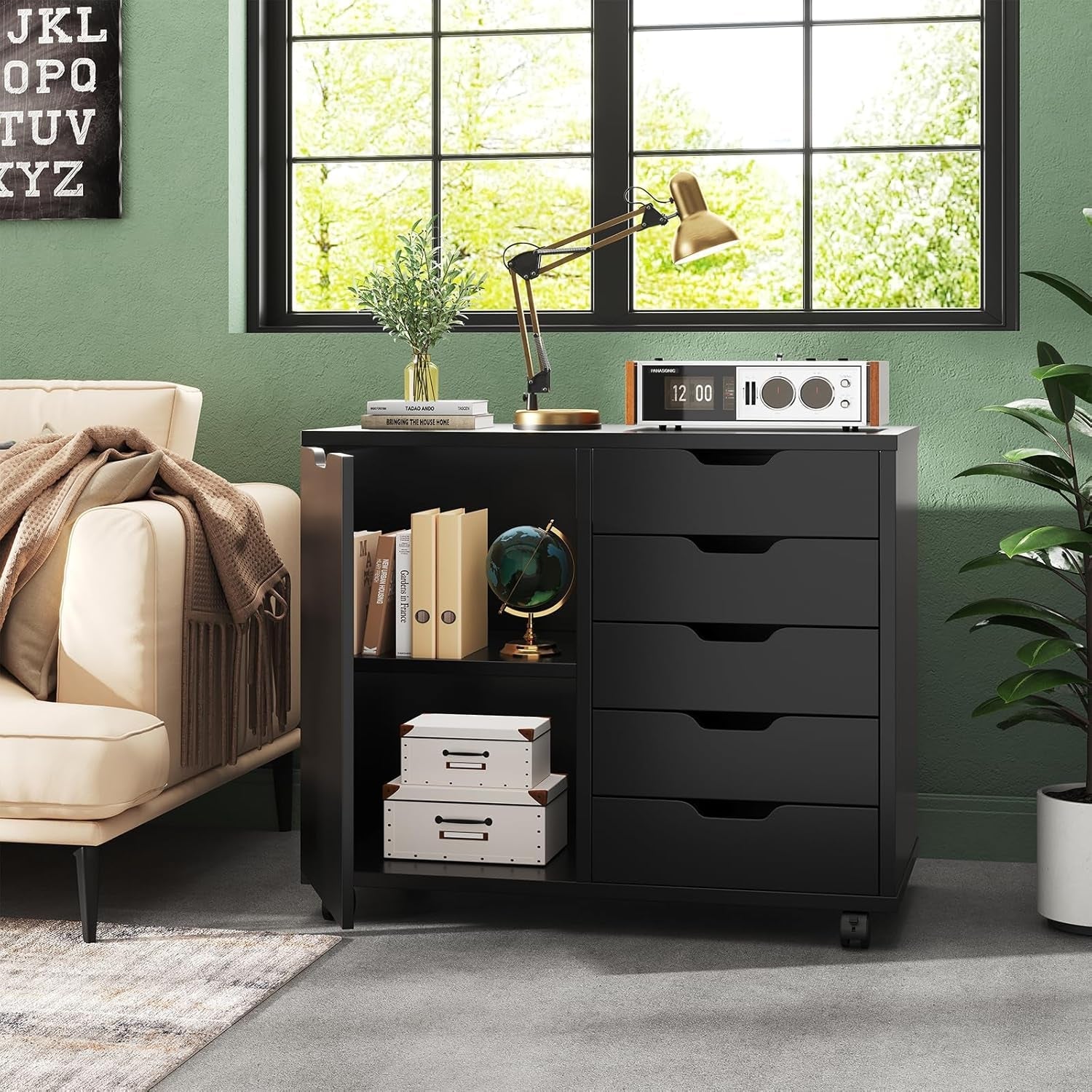Black Premiumgrade Five Drawer File Cabinet Wheels