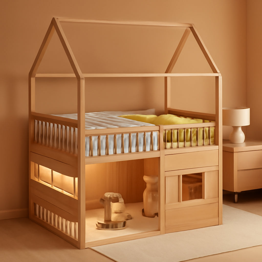 Full Size Natural Wooden House Bed With LED Lights