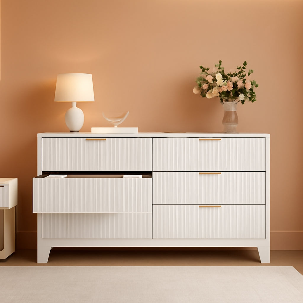 Forty Seven Inches Wide White Scandinavian Dresser Gold Handles