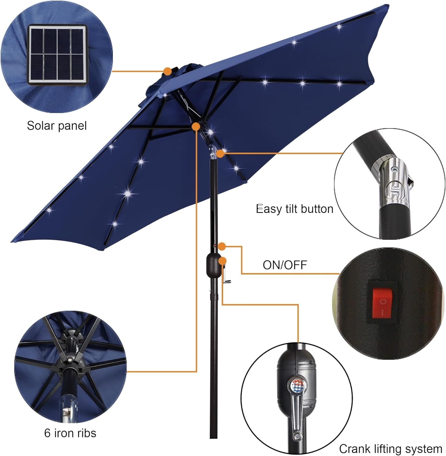 7 Point 5Ft Solar Umbrella With Integrated LED Lighting