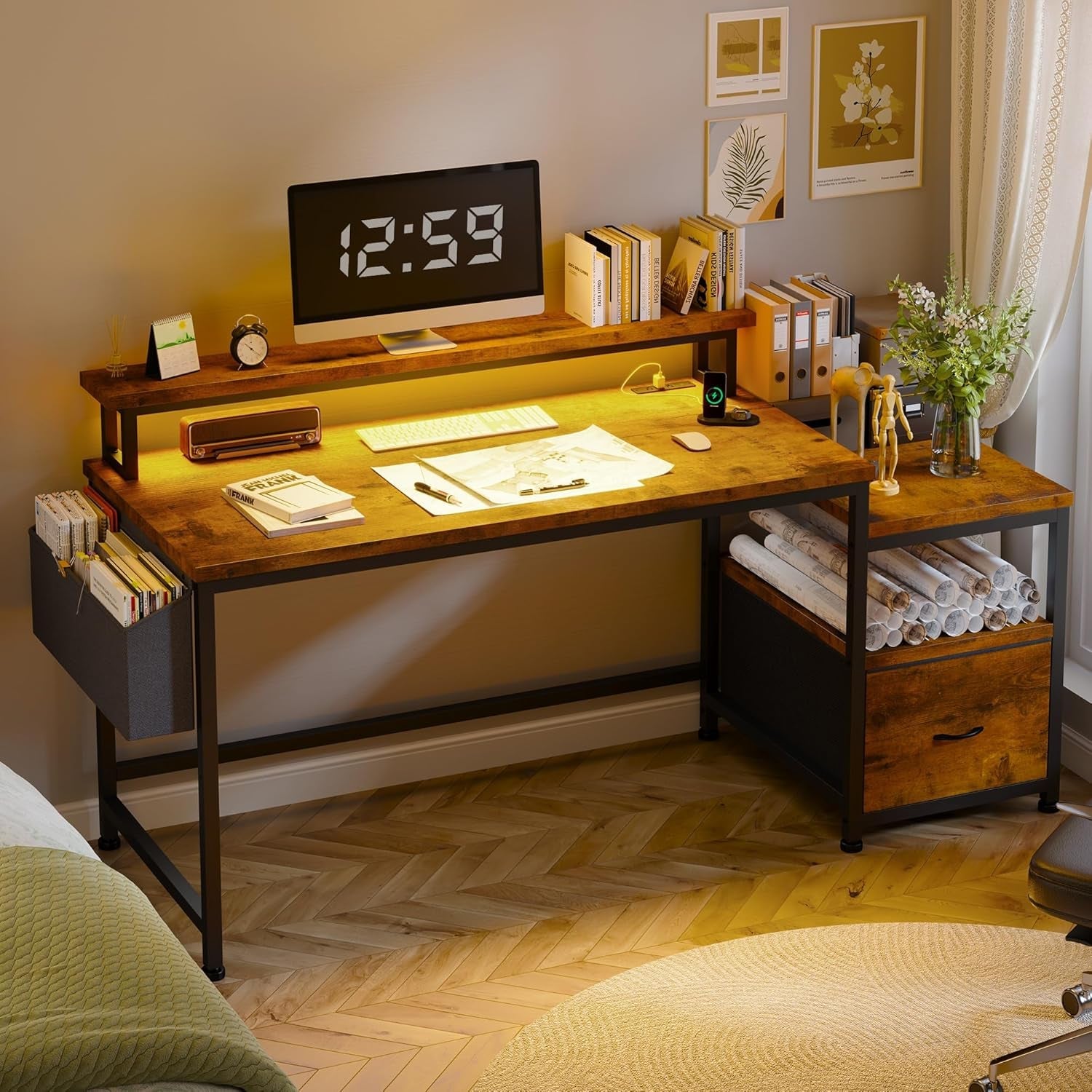 56Inch Rustic Brown Executive Office Workstation Drawers