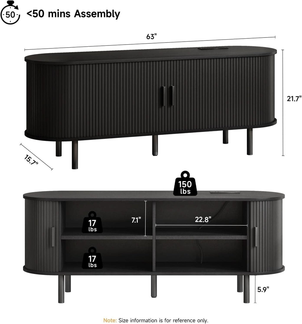 63 Inch TV Stand WithInte grated Electrical Power Outlet Black