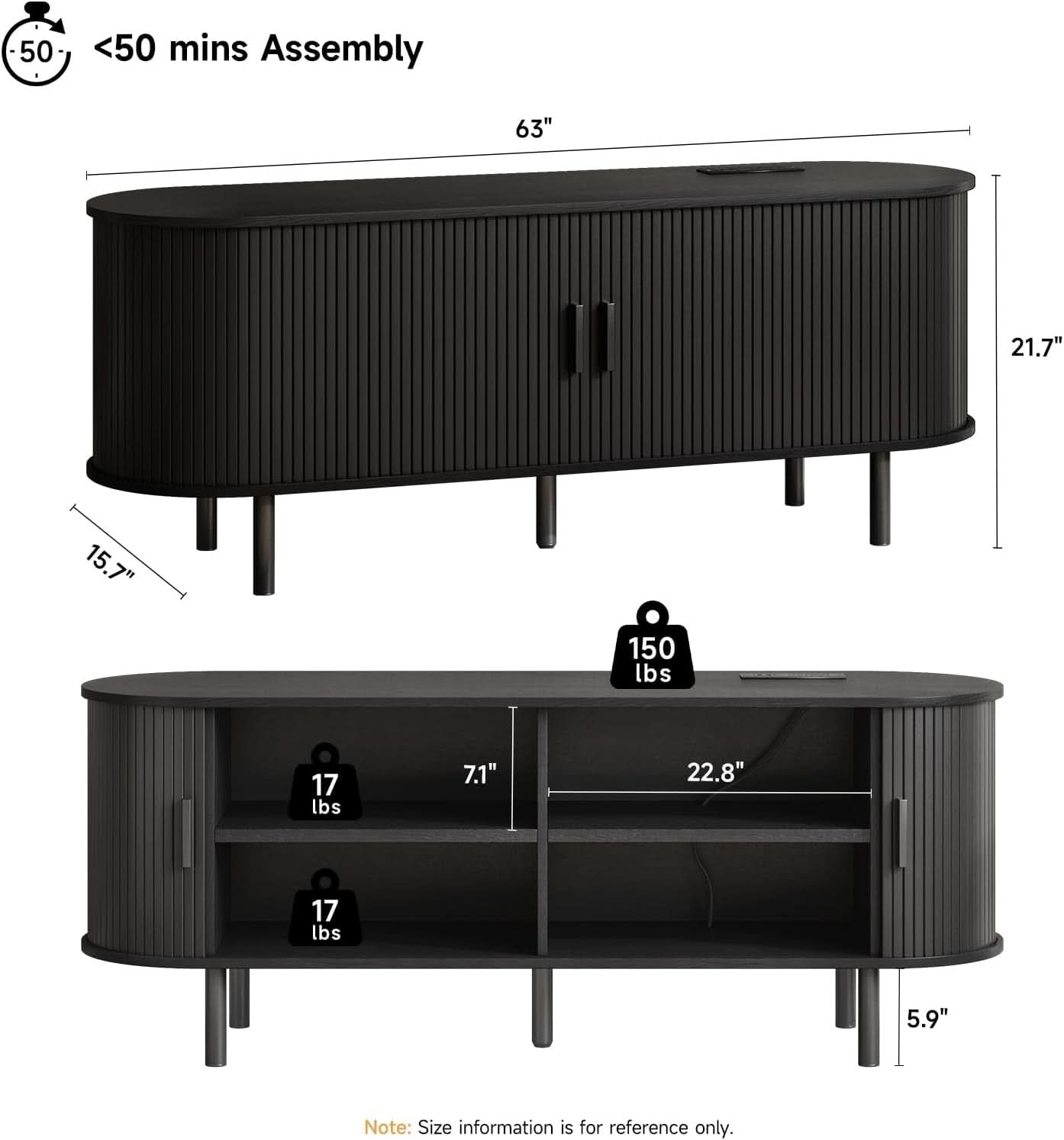 63 Inch TV Stand WithInte grated Electrical Power Outlet Black