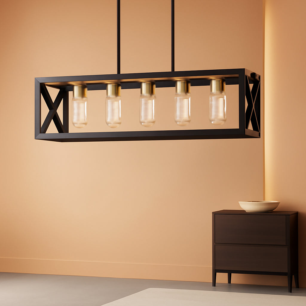 Black Gold Five Light Rectangular Dining Chandelier