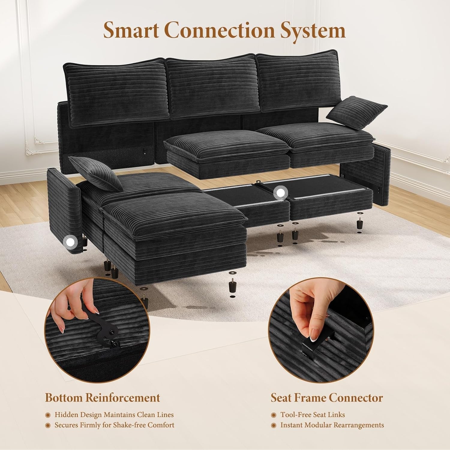 108 Inch Charcoal Gray Modular Sectional Sofa Ottoman