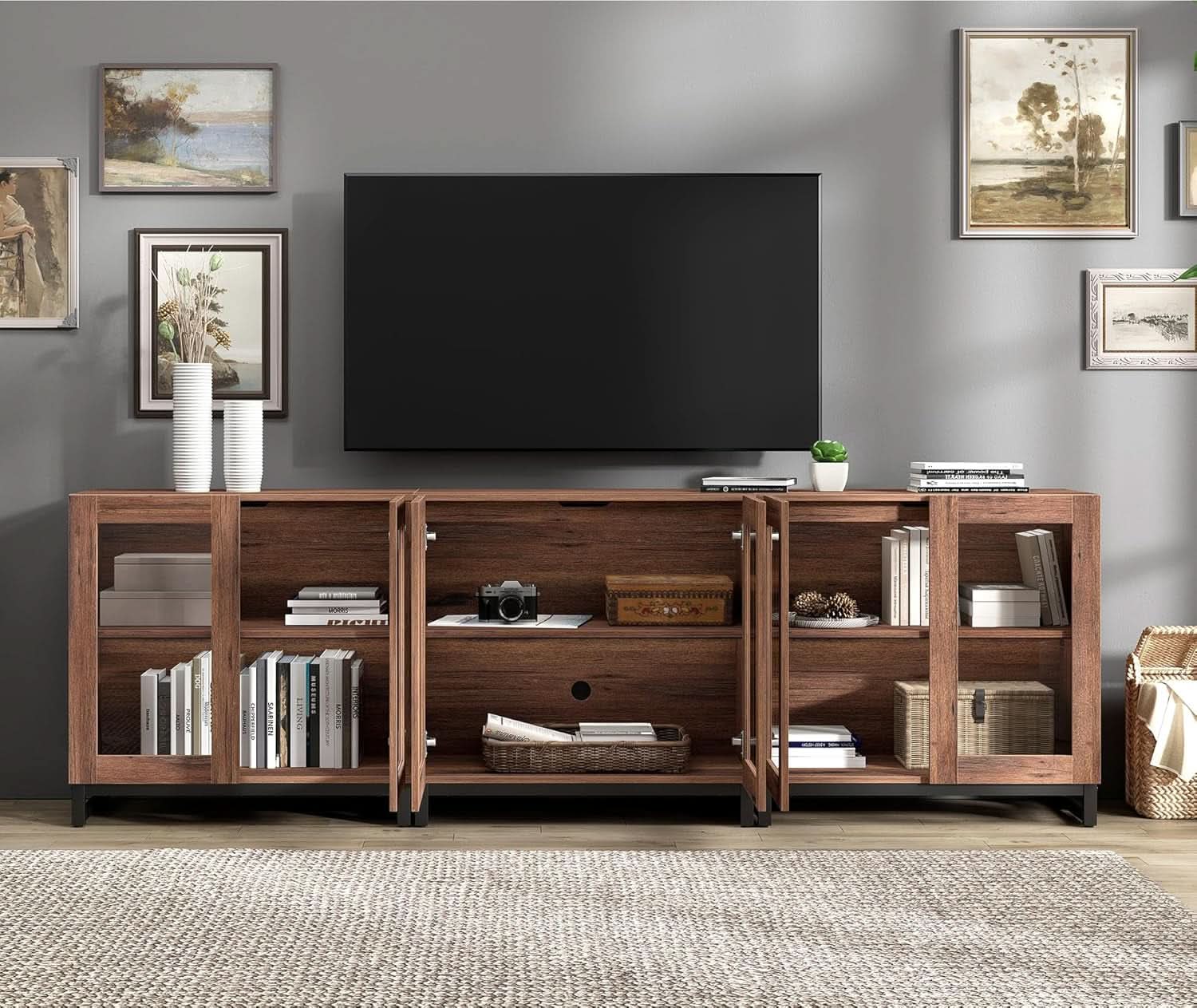 Brown Tempered Glass Doors TV Stand With Shelving Units