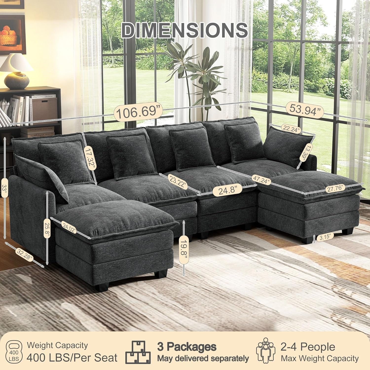 107 Inch Cloud U Shaped Sofa Grey Removable Pillow Covers
