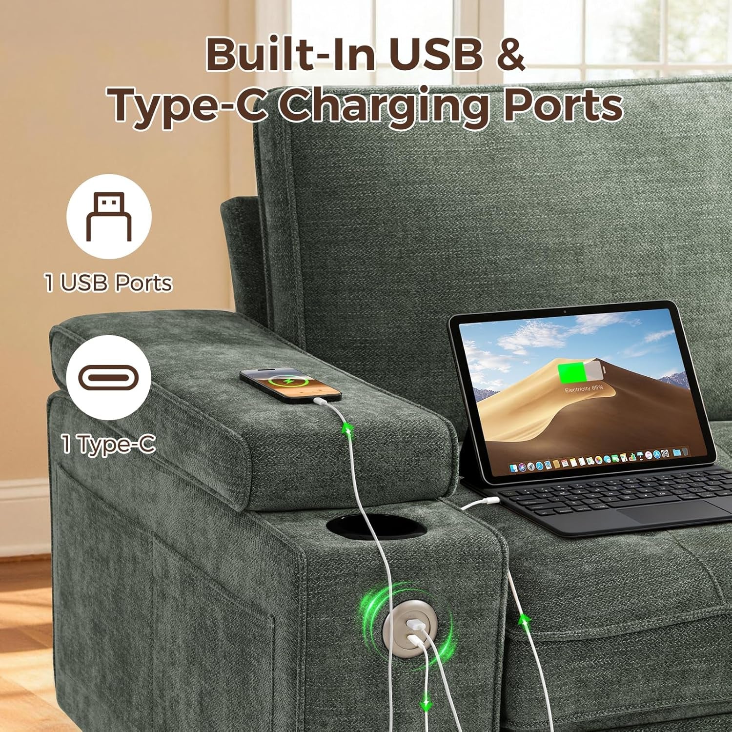 Green Chenille Loveseat With USB Ports Cupholder Storage
